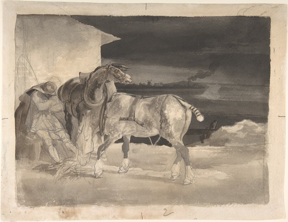 Two Draft Horses with a Sleeping Driver, by Jean Louis André Théodore Géricault, 1820–22