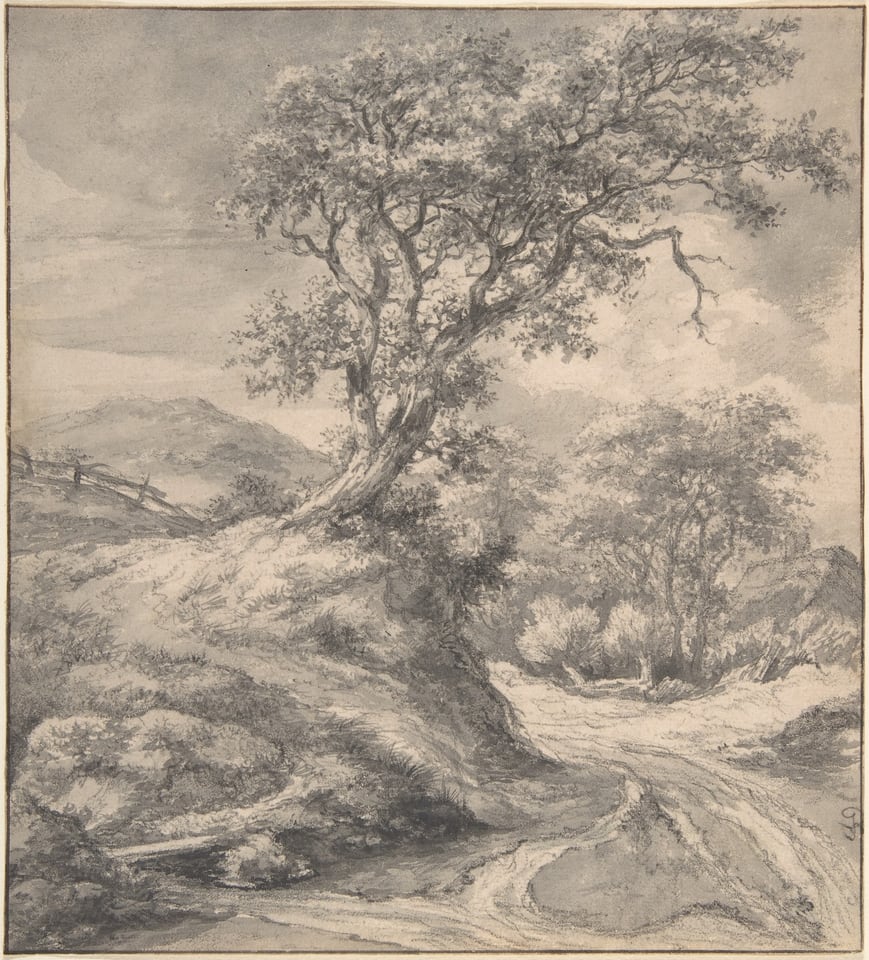 Dune Landscape with Oak Tree, by Jacob van Ruisdael, 1650–55