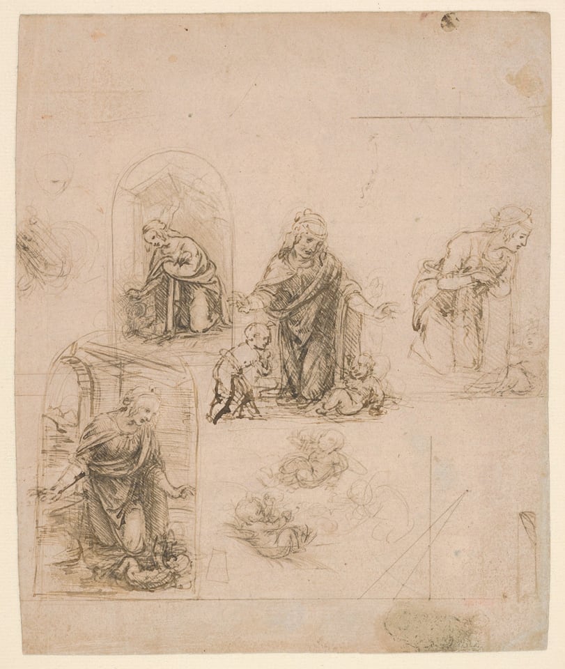 Compositional Sketches for the Virgin Adoring the Christ Child, with and without the Infant St. John the Baptist; Diagram of a Perspectival Projection (recto); Slight Doodles (verso), by Leonardo da Vinci, 1480–85