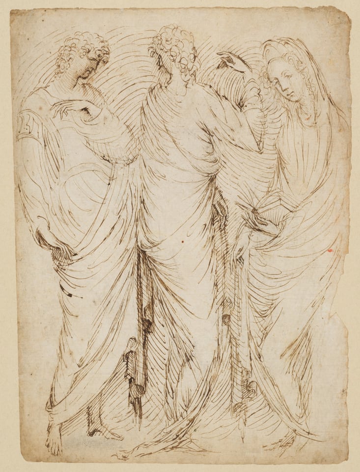 Three Standing Figures (recto); Seated Woman and a Male Hermit in Half-length (verso), by Stefano da Verona (Stefano di Giovanni d'Arbosio di Francia), 1435–38