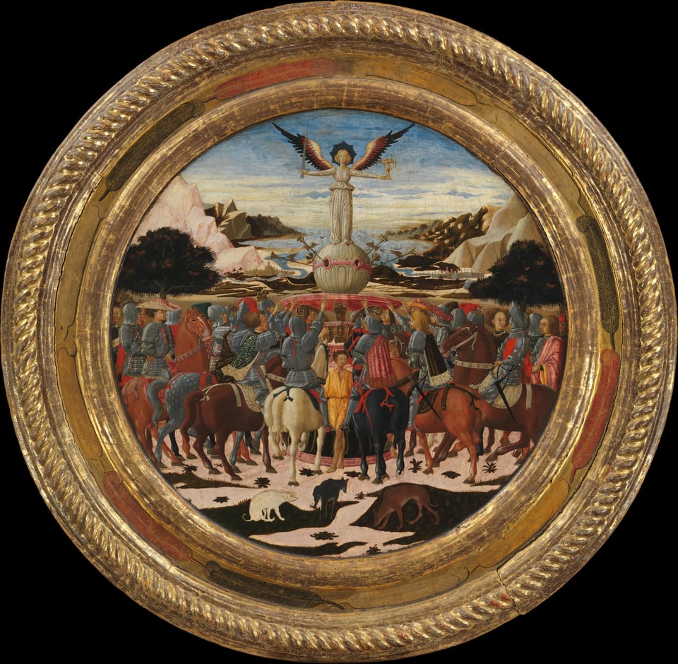The Triumph of Fame; (reverse) Impresa of the Medici Family and Arms of the Medici and Tornabuoni Families, by Giovanni di ser Giovanni Guidi (called Scheggia), ca. 1449