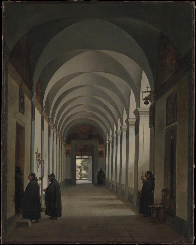 Monks in the Cloister of the Church of Gesù e Maria, Rome, by François Marius Granet, 1808