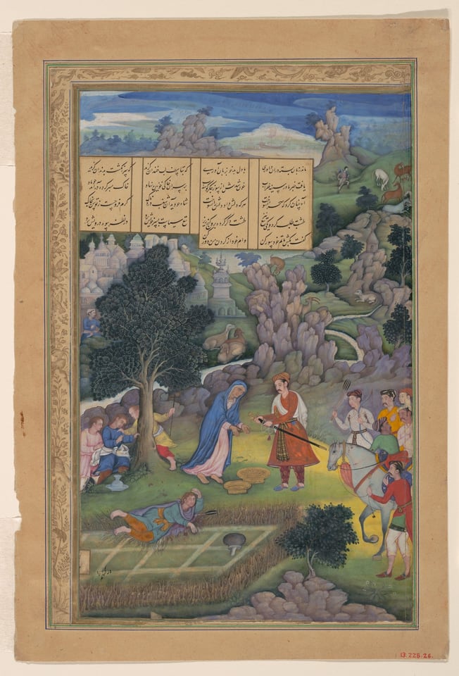 "A King Offers to Make Amends to a Bereaved Mother", Folio from a Khamsa (Quintet) of Amir Khusrau Dihlavi, by Amir Khusrau Dihlavi, 1597–98