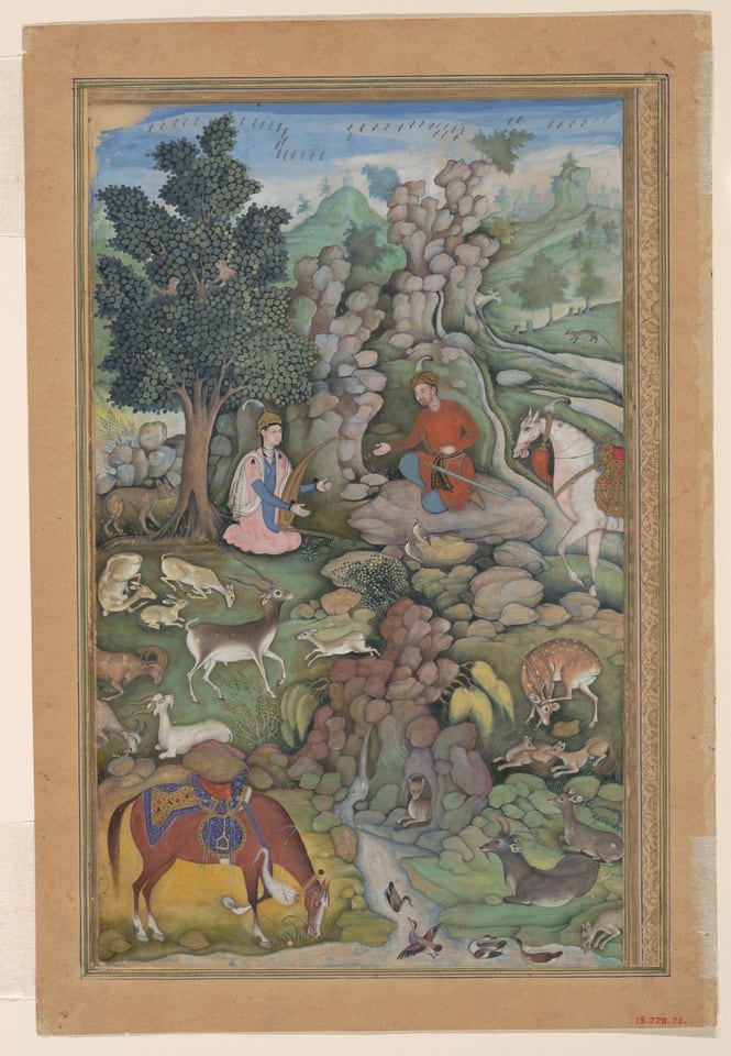 "Bahram Gur Sees a Herd of Deer Mesmerized by Dilaram' s Music", Folio from a Khamsa (Quintet) of Amir Khusrau Dihlavi, by Amir Khusrau Dihlavi, 1597–98