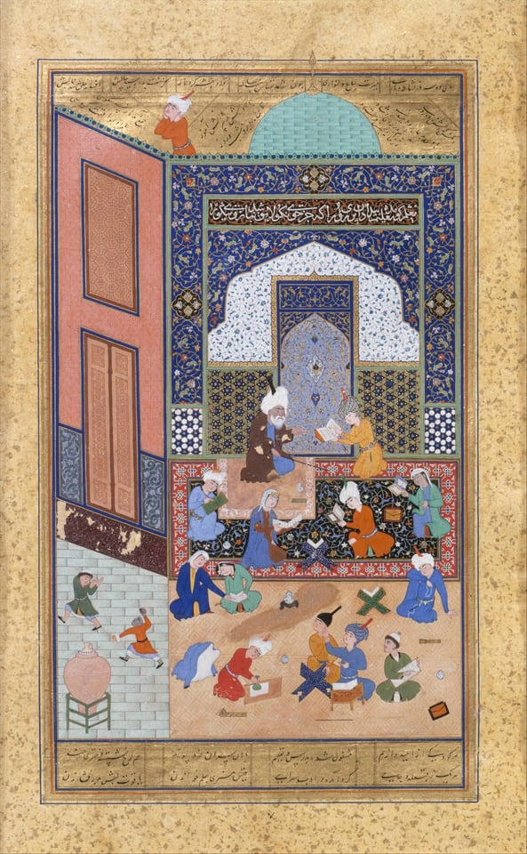 "Laila and Majnun in School", Folio 129 from a Khamsa (Quintet) of Nizami of Ganja, by Nizami, dated 931 AH/1524–25 CE