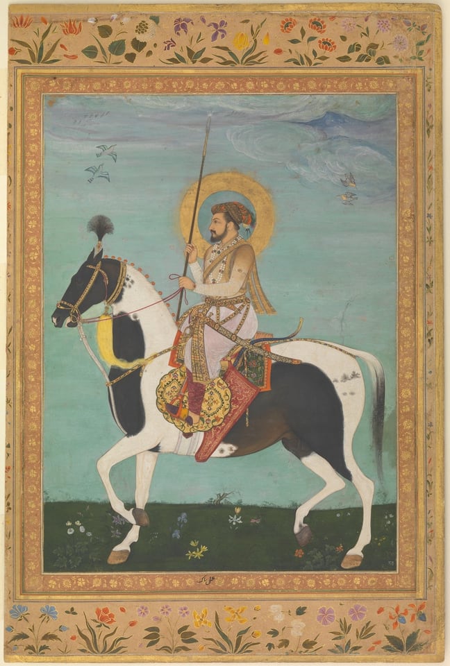 "Shah Jahan on Horseback", Folio from the Shah Jahan Album, by Payag, verso: ca. 1630; recto: ca. 1530–50
