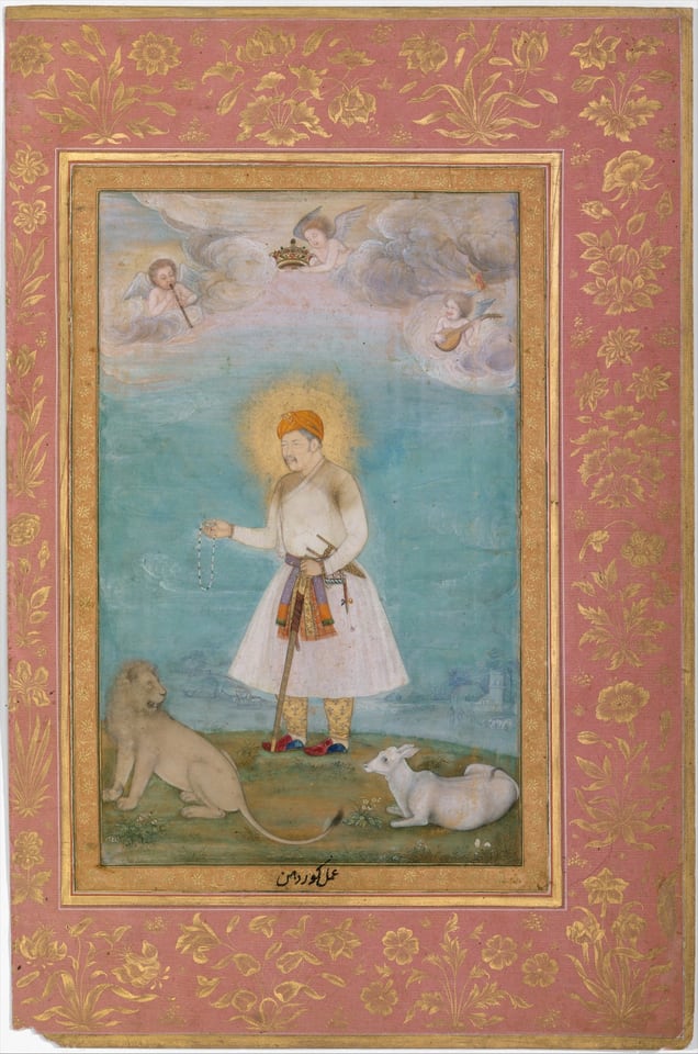 "Akbar With Lion and Calf", Folio from the Shah Jahan Album, by Govardhan, verso: ca. 1630; recto: ca. 1530–50