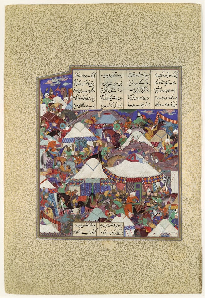 "The Besotted Iranian Camp Attacked by Night", Folio 241r from the Shahnama (Book of Kings) of Shah Tahmasp, by Abu'l Qasim Firdausi, ca. 1525–30