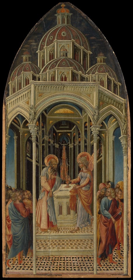 The Annunciation to Zacharias; (verso) The Angel of the Annunciation, by Giovanni di Paolo, ca. 1455–60