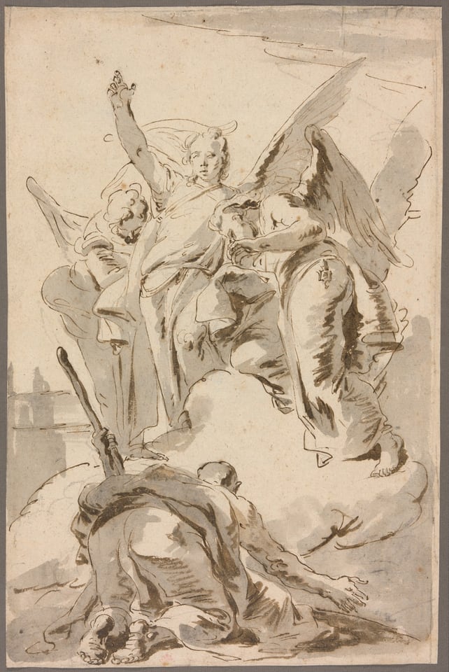 A work made of pen and brown ink and brush and brown and gray wash, over black chalk, on ivory laid paper.