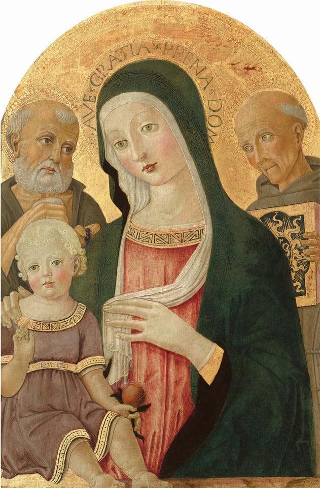 Madonna and Child with Saint Jerome and Saint Bernardino of Siena, by Benvenuto di Giovanni, c. 1480/1485