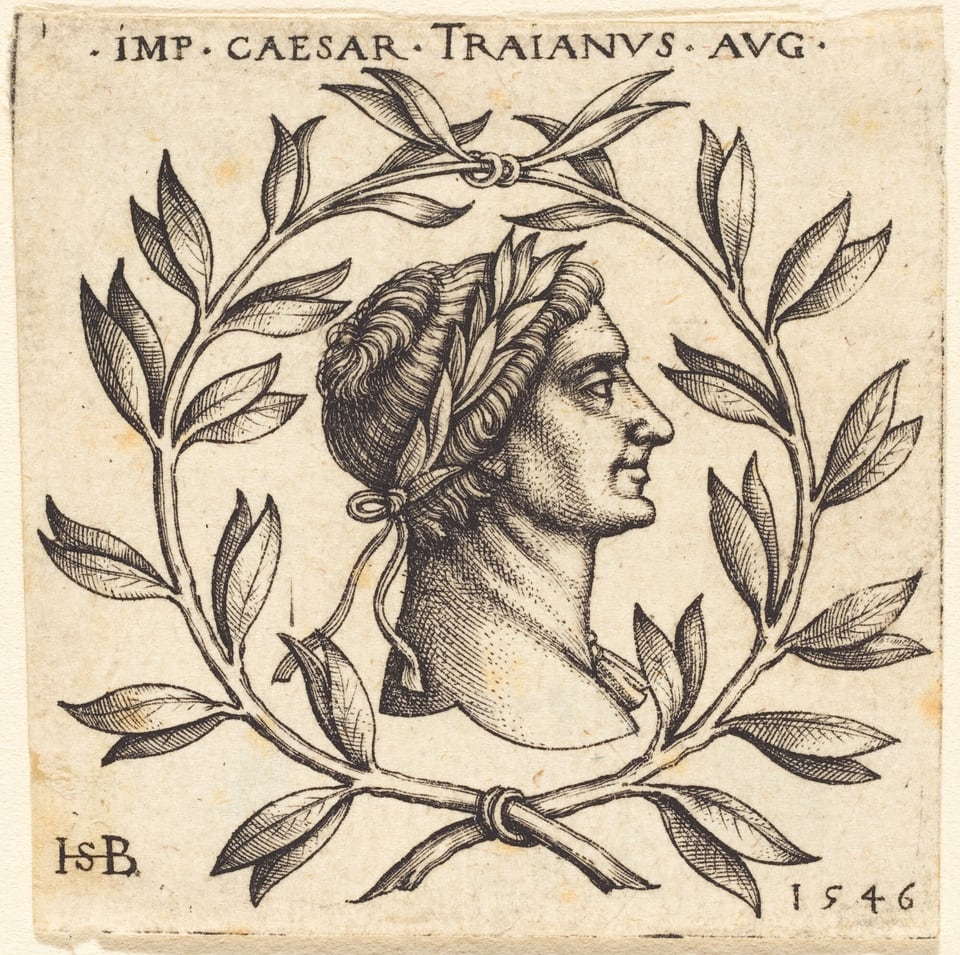 The image shows a profile of a person's head and partial neck within a circular laurel wreath. The individual has distinct facial features, including a prominent nose and chin. The hairstyle is tight, wavy locks pulled back, and a laurel wreath crowns the head. The background is plain, with an inscription reading "IMP. CAESAR. TRAIANVS. AVG." Below the portrait are the initials "ISB" and the year "1546". The overall style resembles a classical engraving, featuring detailed line work and traditional iconography.