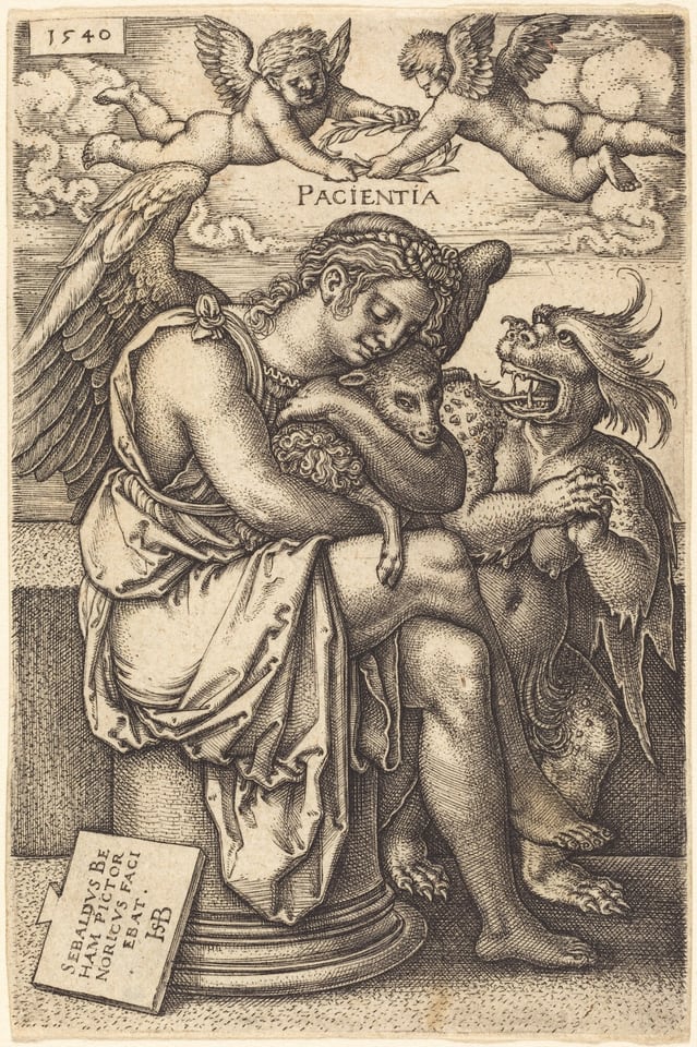 This is a drawing of a winged figure with a sheep, accompanied by a mythical creature and cherubs. The central figure is holding the sheep tenderly. On the left, two cherubs are flying with a laurel branch, under the word "PACIENTIA." On the right is a mythical creature with dragon-like features. Below the scene, a plaque with an inscription is placed against the pedestal. The artwork is detailed with lines, cross-hatching, and shading, accentuating textures and forms.