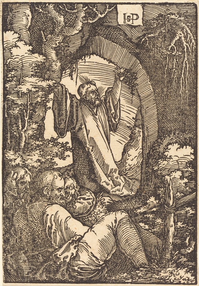 The image shows a central person standing with both arms raised. They have a long beard, aged appearance, long hair, and wear a robe. Three other individuals are around them, reclining or lying on the ground. The setting is an outdoor scene with detailed trees and vegetation. There are initials "I.SP" in the top right corner.