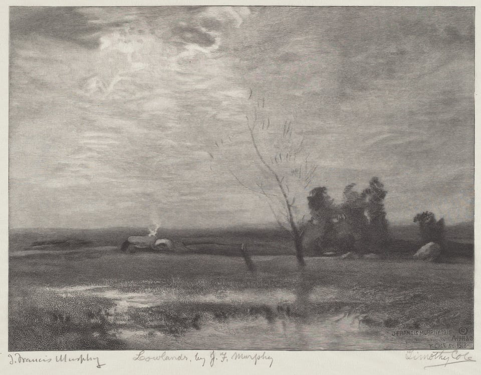 This print displays a landscape with a wide view of flat land stretching towards the horizon. The ground is covered in small black dots, with some bare patches in the bottom center. A few silhouetted trees and a hint of smoke coming up from behind some rocks are visible in the distance. The gray sky dominates the scene with soft, swirling clouds.