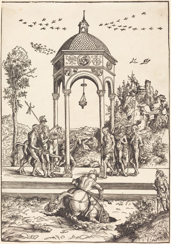 This print features a detailed scene. In the center is a classical-style pavilion with arched openings and a domed roof adorned with intricate designs. A group of mostly-nude people is gathered around the pavilion, with one on horseback, holding a spear, and another holding a flag. In front of the pavilion, a knight on horseback appears to be falling into a dark hole in the ground. Vegetation, including trees and shrubs, is scattered throughout the landscape, and birds are seen flying in the sky above the pavilion. The horizon shows hills leading to a distant castle on a rocky formation on the right.