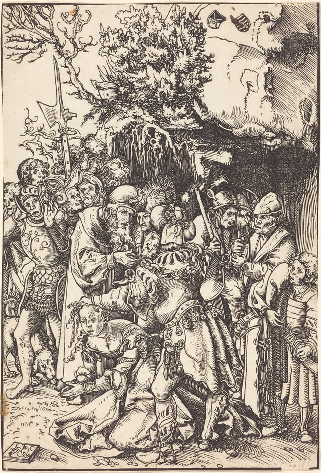 This is a drawing of a group of medieval figures and a tree. The image depicts a dense gathering of figures, all wearing elaborate period costumes, including helmets, robes, and armor. Their expressions vary. At the top, a leafy tree dominates the background alongside swirling clouds. The foreground hints at an interaction among the individuals, possibly a scene of discourse or judgment. Several personal items and tools are on the ground. The attention to detail and the use of line to create intricate patterns and textures are notable features of this work. This is in the style of Albrecht Dürer.