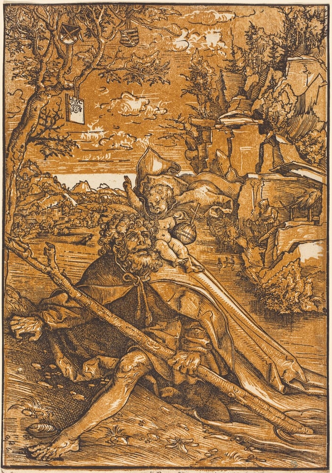 This is a drawing of a wilderness setting by a river. The scene features rocky cliffs, lush vegetation, a large bearded figure holding a staff, and a small cherubic figure beside them. In the background, there is a village against a mountainous backdrop. The drawing has rich texture and intricate details, with a contrast of dark lines and lighter hues.