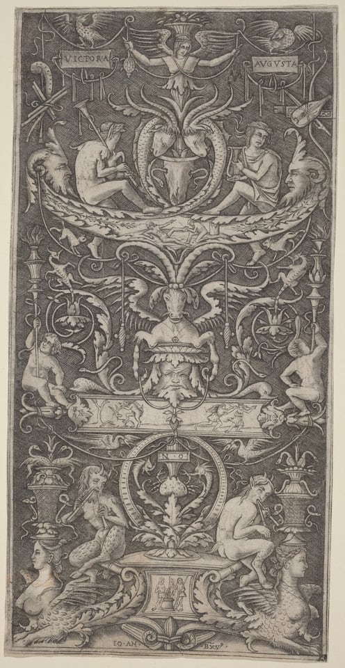 This is a drawing of an ornamental design featuring mythological creatures and motifs. The artwork depicts a symmetrical arrangement with two central figures holding musical instruments, surrounded by acanthus leaves, griffins, and sphinxes. In the upper portion, there is a winged figure with a crown-like headdress carrying symbols or trophies. The design is detailed with decorative elements including floral patterns and architectural motifs. Throughout the drawing, there are various mythological creatures integrated into the composition.