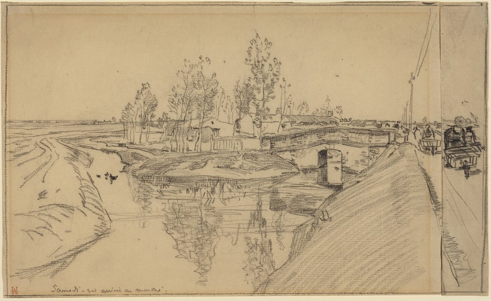 The image depicts a landscape with a road alongside a canal. The view is elevated, showing the road, canal, trees, and structures on the horizon. The style of the sketch is characterized by soft lines and shading, creating depth. The color palette is monochromatic with shades of gray. Closest to us, a canal borders the road with some ducks in the water. Figures and carts are seen on the road leading into the distance.