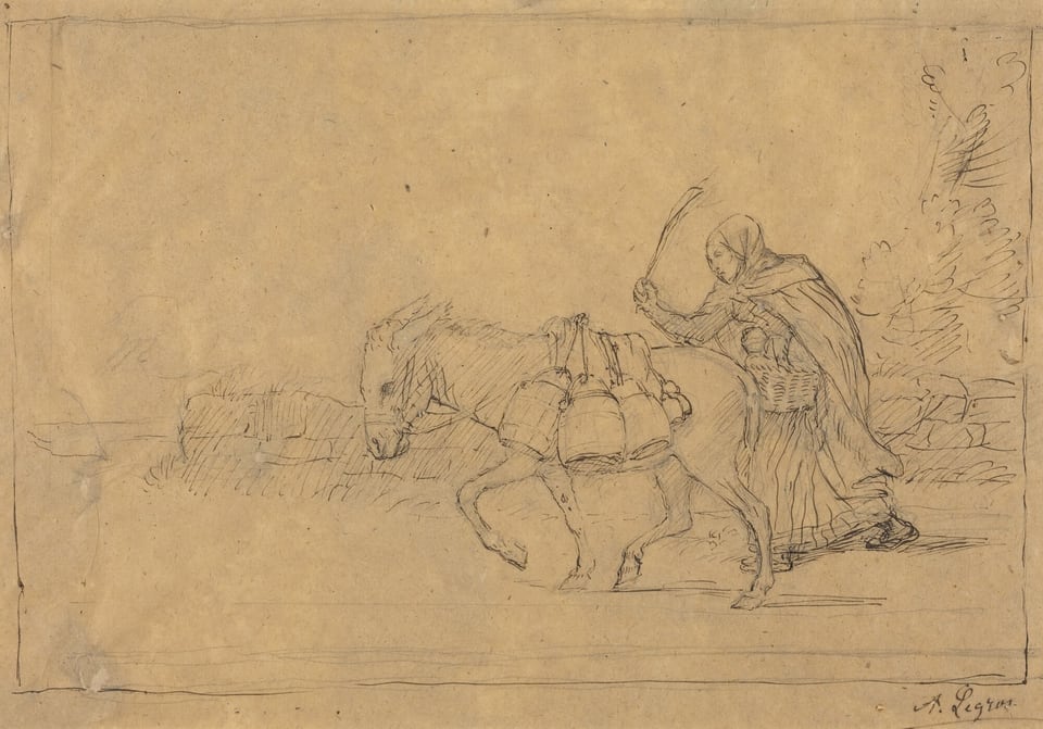 This is a drawing of a person leading a donkey laden with goods. The image depicts a scene with a donkey walking to the left side while being guided by an individual dressed in layered clothing. The donkey is burdened with sacks or baskets that are strapped to its back. The lines and shading are subtle and detailed, capturing the texture of the clothing and fur. The figure and the donkey are positioned on a lightly sketched landscape with a few hints of foliage to the right, suggesting a rural setting. The drawing's simplicity and detail suggest a narrative moment, with a sense of movement and purpose conveyed through the lines.