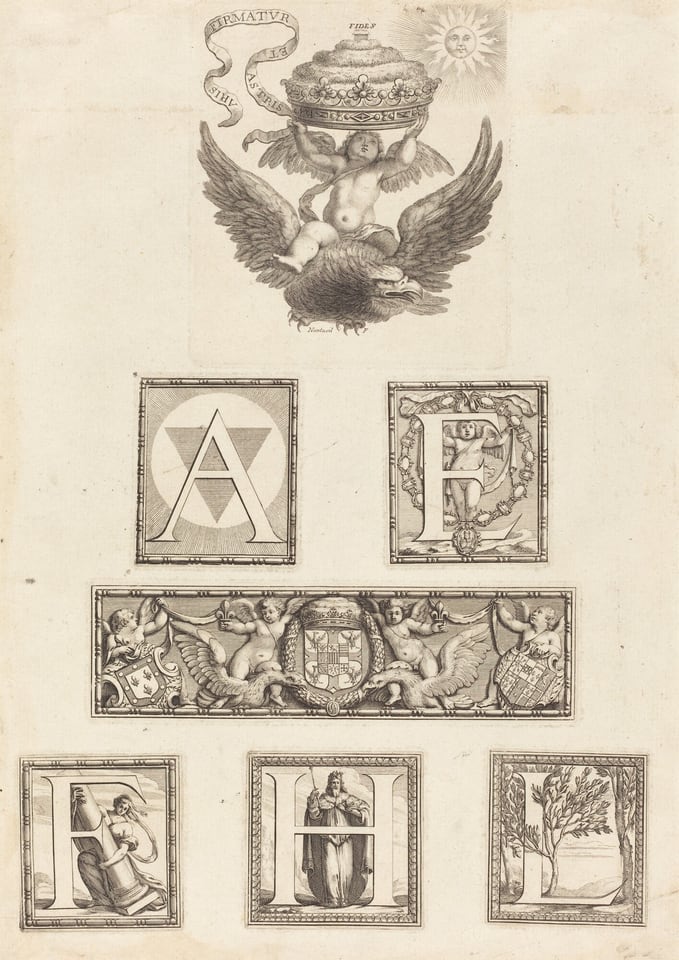 This image features intricately designed ornate letters of the alphabet surrounded by elaborate illustrations. The top of the composition shows a cherub riding on an eagle, holding a crown above their head. A ribbon with inscriptions unfurls around the crown, and a sun with a human face is visible in the corner. The letters "A," "F," "D," "H," and another "H" are decorated with classical elements like putti, garlands, and mythological figures. The central panel is adorned with heraldic symbols, angelic figures, and coats of arms. The overall style of the artwork reflects baroque or renaissance decorative artistry, known for its ornamental details and classical themes.