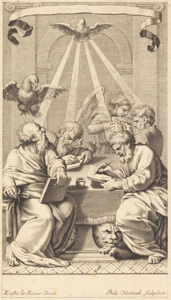 The image shows four elderly men around a table. They have long hair and beards, and appear focused as they write or take notes on tablets. They wear classical robes and sit in different postures, engaged in writing or possibly calculating. Two hold writing implements and tablets, while a third holds a scroll. Above them, a seated figure with wings is present. Light rays emanate from a dove at the top, highlighting a celestial influence. An eagle is perched nearby. Architectural elements like columns and arches are in the background. A lion's head is under the table.
