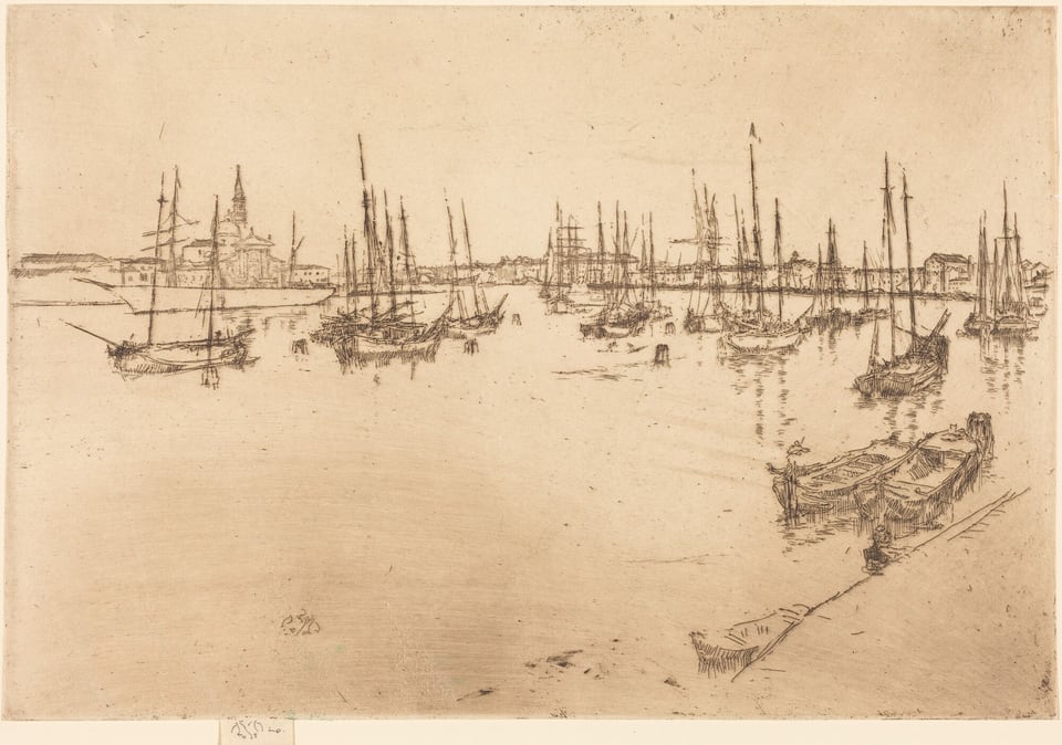 The image displays a harbor filled with boats and ships. The perspective is slightly elevated, likely from a dock, with a partially visible boat and dock at the forefront. The horizon is in the upper third of the image, showing a distant cityscape with spires and structures. The brushwork is delicate, with fine, linear strokes typical of etching. The color palette is monochromatic, sepia tones creating a vintage and serene mood. The ships with tall masts populate the water, with reflections giving a sense of stillness. In the distance, faint impressions of buildings line the harbor, blending into the horizon.