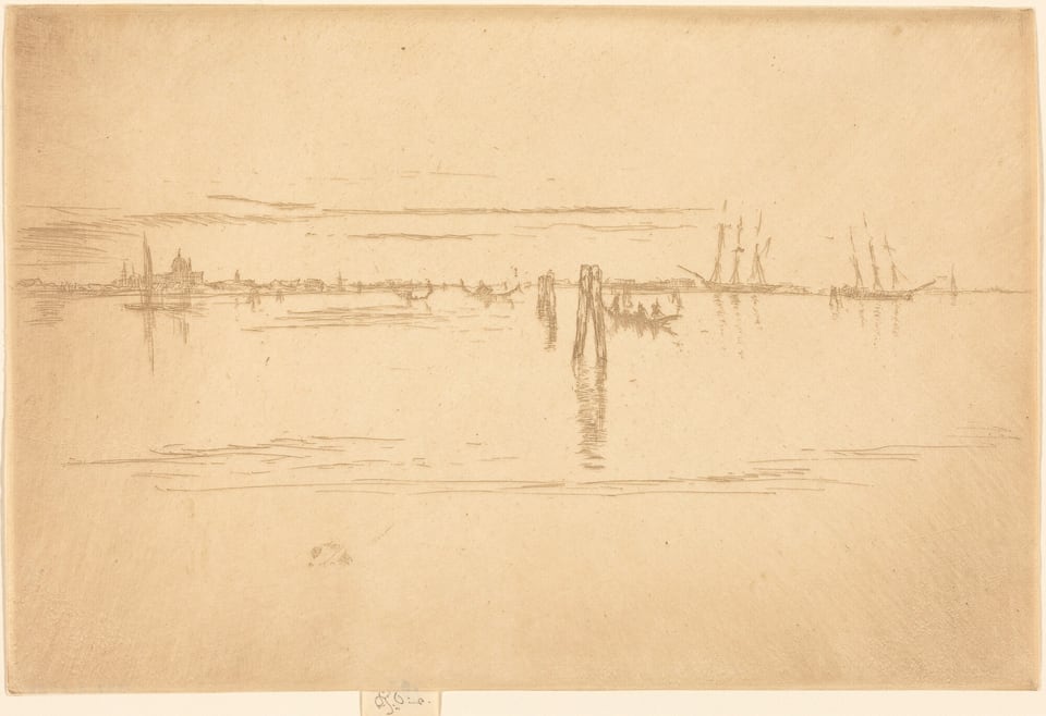 The image shows a landscape with a waterscape. The horizon separates the water and the sky. In the distance, there are buildings, structures, and ships with tall masts. Close to us, there are reflections of the ships and structures in the water with fine brushstrokes. The style is impressionistic with thin lines conveying details. The color palette is monochromatic with sepia tones.