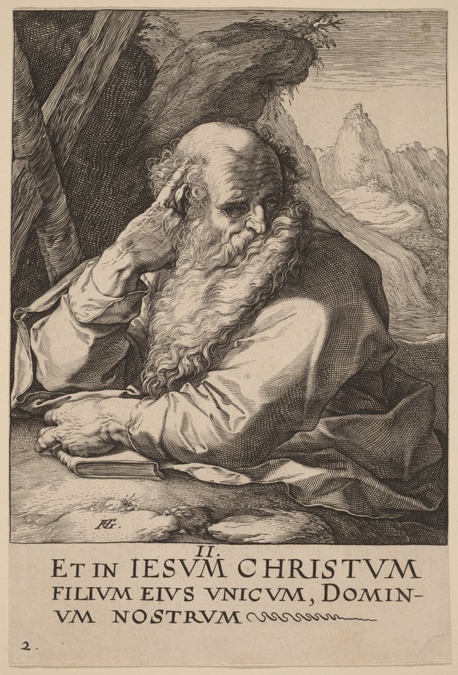 The image shows an elderly man seated from the waist up. He is angled slightly away from the viewer, resting his head on one hand and leaning on the other arm. The man has a deeply lined face, a large beard, curly hair, and appears focused on something outside the frame. He wears flowing garments and a book is under his arm. In the background, there are rugged, mountainous rock formations. Ornate text frames the image at the bottom.