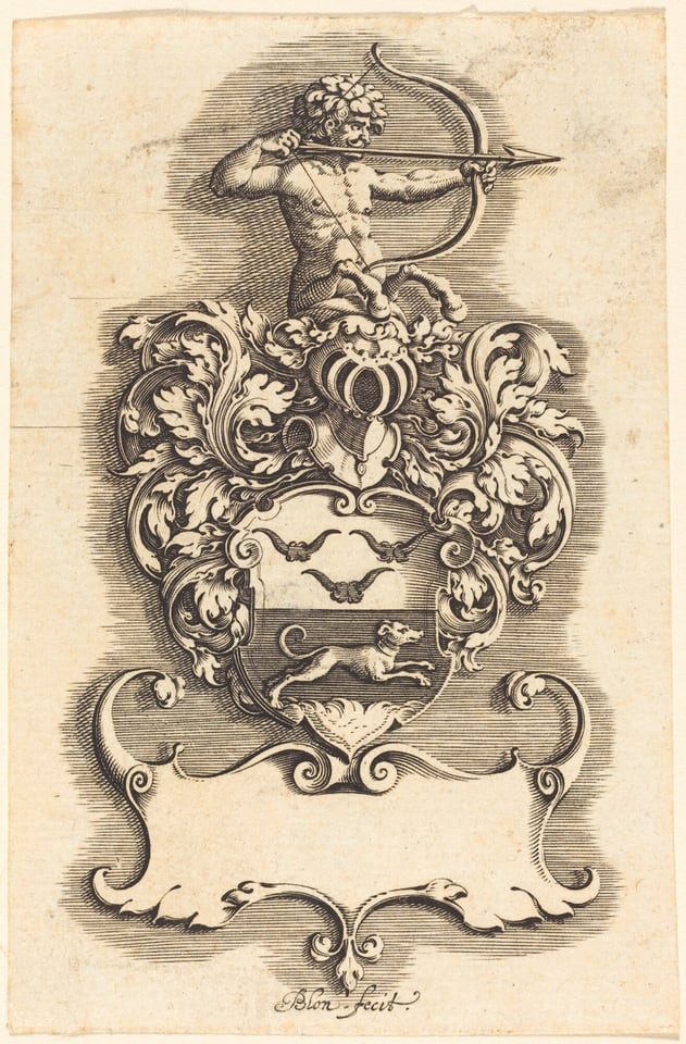 This is a drawing of a heraldic emblem. The image shows a centaur-like figure holding a bow and arrow, with leaves around its head. Below, there is a shield divided into two sections: the upper part shows shapes resembling birds, while the lower part shows a hound-like animal in a running pose. The shield is surrounded by swirling acanthus-like leaves, with additional decorative elements and a blank scroll space below it.