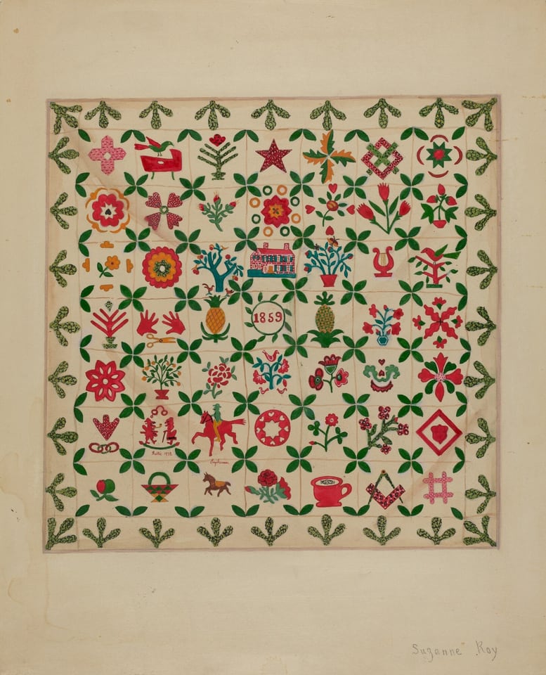 This is a painting of a decorative quilt pattern. The image shows a grid of square sections with various colorful motifs including stars, flowers, a horse, a house, and a cup. The design features vibrant colors, symmetrical patterns, and a central section with the date "1859". The quilt border has leaf-like patterns creating a frame around the central grid. The style is folk art.