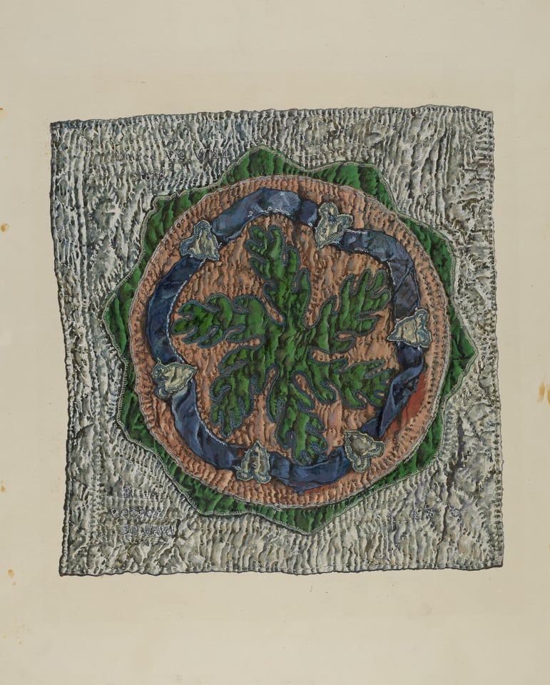 The image shows various shapes and lines within a square border. In the center, there is an abstract circular pattern resembling a stylized floral design. The inner circle contains leaf-like shapes in green, surrounded by a ring resembling petals or decorative motifs. The overall effect is similar to a decorative shield or medallion. The background texture adds depth to the composition.