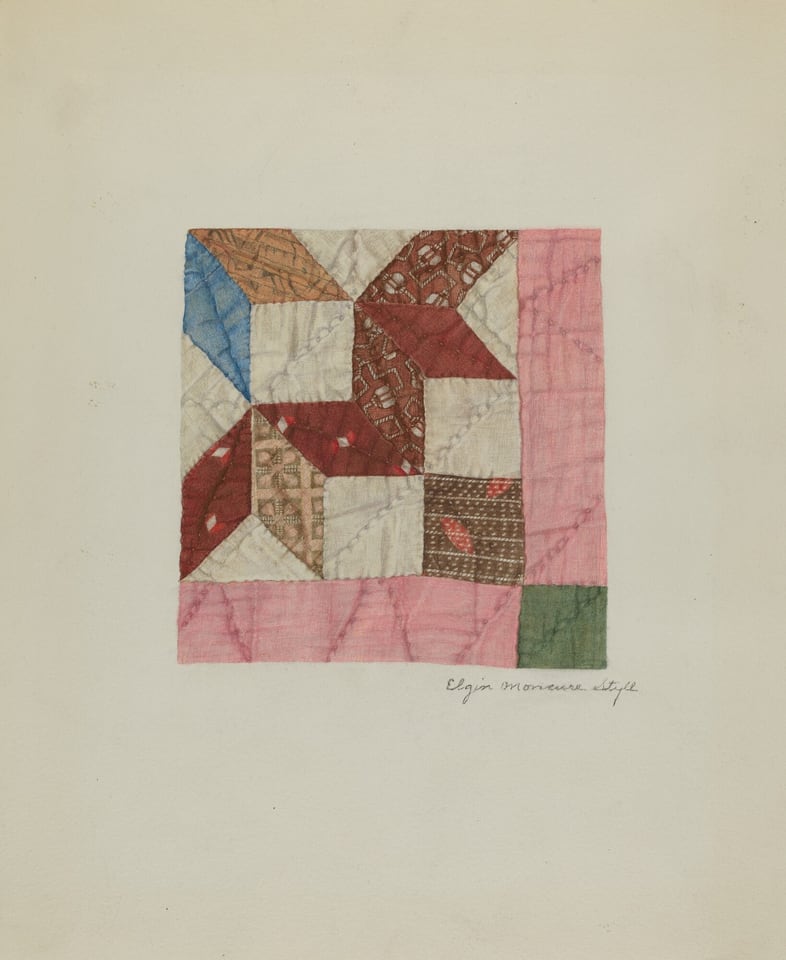 This is a painting of a quilt design pattern. The image depicts a square quilt block featuring a variety of geometric shapes and patterns pieced together. The quilt features a mix of colors, including blues, reds, browns, and a pink border, with intricate patterns in the fabric segments. The textures and colors create an intricate optical composition resembling different geometric forms and depth. The piece is delicately framed within a larger white space, which emphasizes the detail of the quilt pattern. This is in the style of a traditional textile or quilting pattern illustrator.