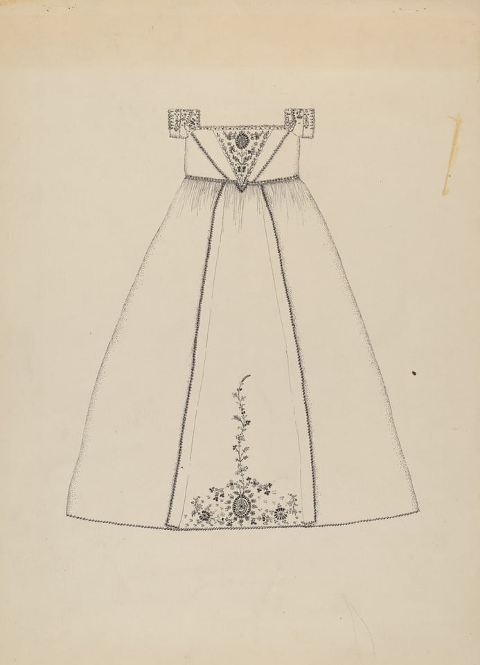 This is a drawing of a dress design. The illustration features a dress with a square neckline, adorned with embroidery around the bust area. The dress has a high waistline with a gathered skirt. The lower part of the dress also features floral embroidery patterns. The design emphasizes fine lines and delicate patterns.