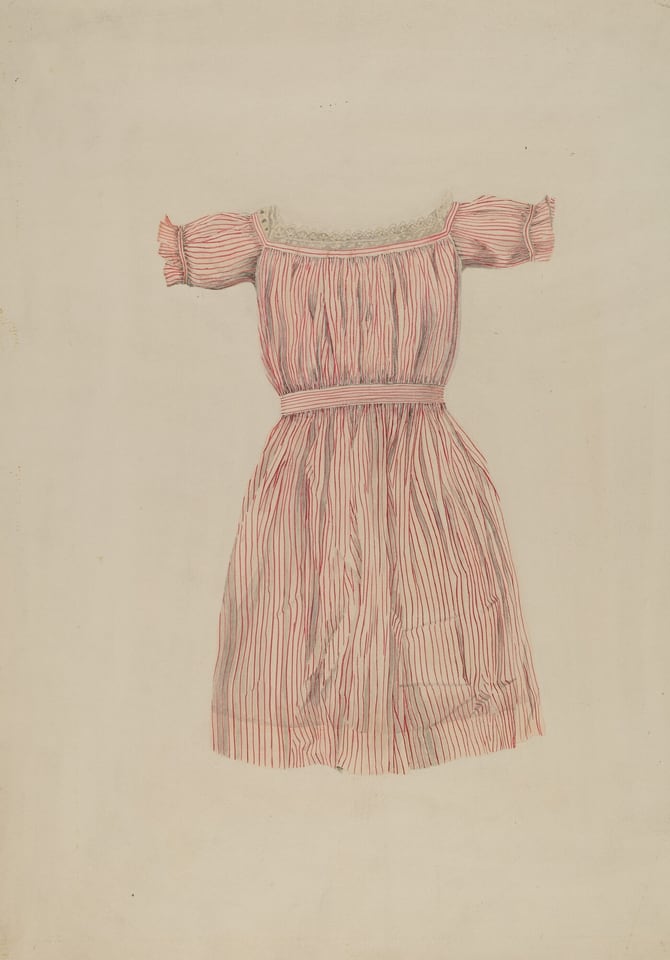 The image shows a dress with a pink and white vertical striped pattern. The color palette is predominantly soft pinks and whites with subtle shading for light and shadow effects on the fabric. The dress is positioned at the center of the image, with sleeves extending slightly outward to the sides.