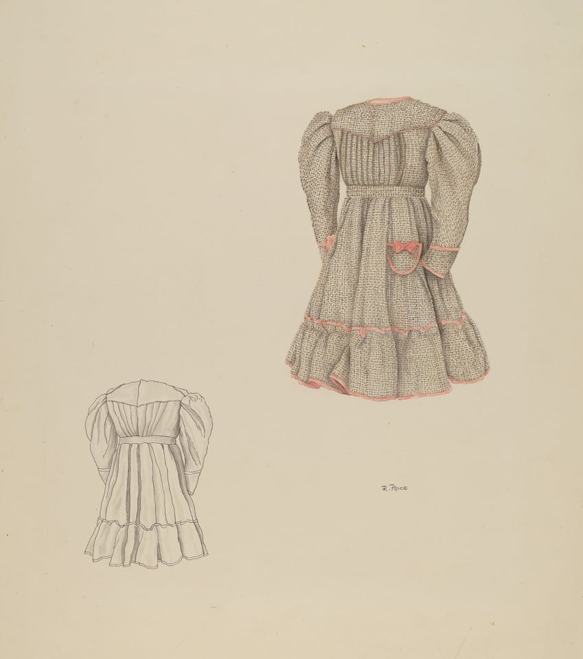 The image depicts a detailed illustration of a dress with exaggerated puff sleeves and ruffles towards the bottom. It is created using a dotted pattern with red accents around the edges and seams. The color palette consists of mostly muted tones with touches of red. The dress is positioned in the upper right quadrant of the image, while a smaller, less detailed sketch of the same dress without colors is located in the lower left quadrant.