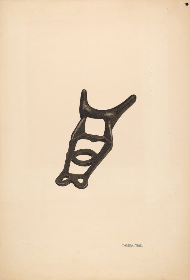 This is a drawing of an abstract shape or artifact. The image features a central black object positioned against a plain, light-colored background. The object has a slightly irregular, elongated triangular form with rounded edges and contours. It includes a series of geometric holes and protrusions. The subtle shadowing suggests a three-dimensional form, yet the drawing maintains a simplicity that emphasizes the object's unique contours and cutouts.