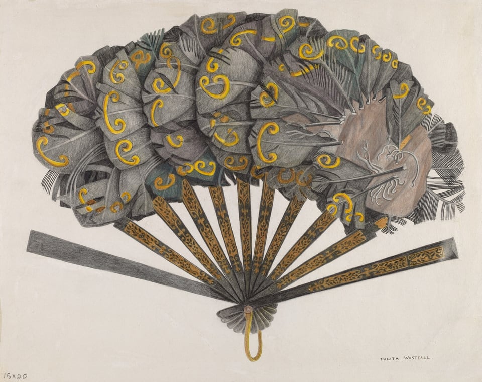 The image shows a large fan with intricate feather-like segments adorned with yellow patterns and a bird depiction. The color palette is grey with hints of yellow, brown, and metallic sheen on the ribs. The fan is positioned upright with the handle at the bottom center, and the feathers extend outward in a semi-circular shape.