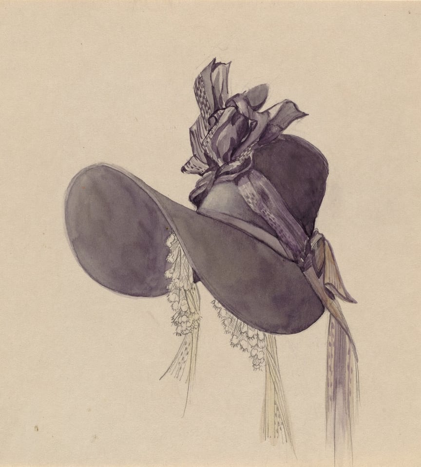 The image shows a large hat with a broad brim, decorated with a ribbon and floral or lace-like embellishments. The color palette consists of shades of gray and soft purples. The hat is centered in the frame, with its brim curving to the left and the decorative elements extending to the sides.