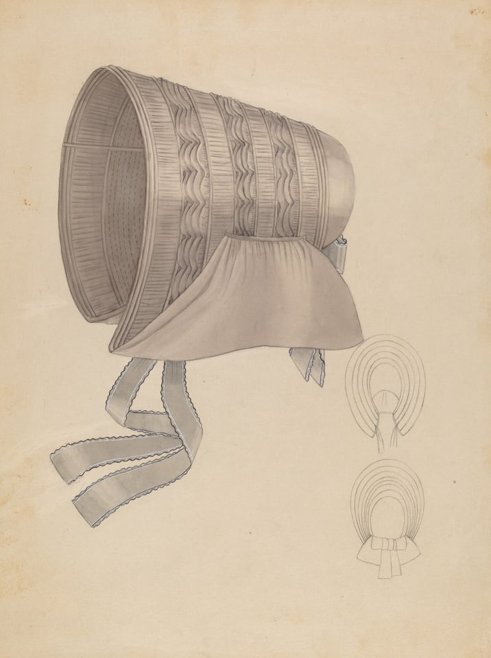 This is an image of a bonnet and its details. The drawing showcases a bonnet with intricate design and texture. The bonnet is viewed from the side, revealing its woven structure with patterns representing fabric pleats or folds. It has a long ribbon hanging from the back, depicted with flowing lines. There are also two smaller sketches showing the bonnet from the back, emphasizing its shape and construction. The background is plain.