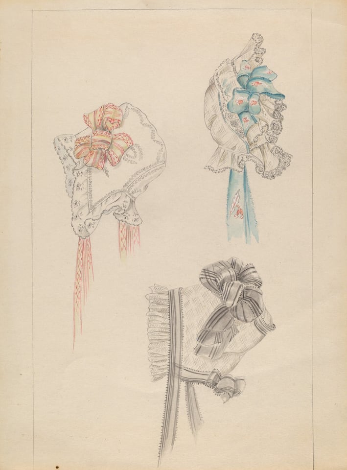 This is a drawing of three decorative bonnets. The drawing features three different hat designs, each embellished with lace, ribbon, and bow details. The upper left bonnet is adorned with pink hues and intricate lace, displaying a floral-like bow. The top right bonnet showcases a turquoise ribbon and bow, surrounded by soft lace. The lower bonnet is in grayscale, with shadowing for dimension, featuring a checkered ribbon. Each hat is detailed with line work and shading, conveying elegance.
