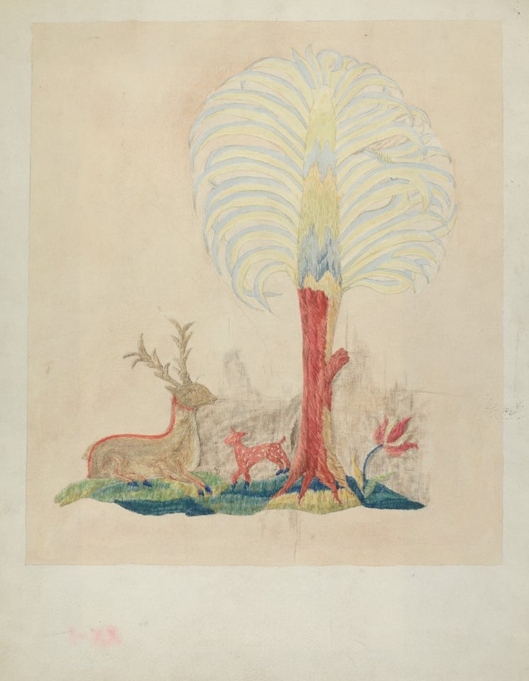 This is a painting of two deer under a tree. The larger deer has antlers and is resting next to a smaller deer. They are depicted with red and brown strokes. The background shows a patch of earth and grass in green and blue. Beside the deer is a tree with colorful leaves or a feather-like structure and a red trunk. A pink flower is near the tree's base. The background is neutral. This painting is in the style of Henri Rousseau.