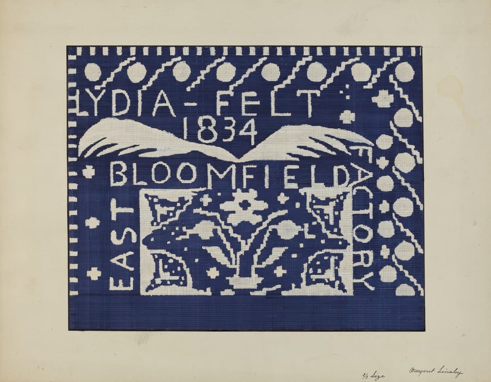 This is a drawing of a textile design. The image consists of a pattern with the text "LYDIA FELT 1834 BLOOMFIELD" displayed along with decorative motifs of abstract leaves and floral shapes in a contrasting color against a dark background. The composition also includes the word "EAST" placed vertically and "YORK" placed horizontally. The combination of geometric shapes and organic elements forms a unified aesthetic typical of traditional textile patterns.