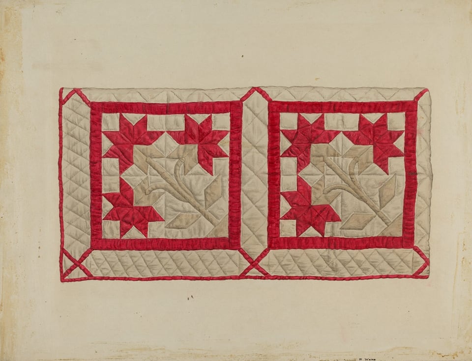 The image shows two large quilt blocks with a matching design, side by side. Each block consists of red and beige fabric with quilted stitching creating a textured appearance. The color palette includes primarily red, beige, and dark stitching outlining the patterns. The quilt blocks are placed centrally on a light-colored surface.