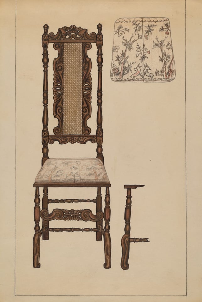 This is a drawing of a wooden chair with detailed upholstery. The chair has an ornate, high backrest with elaborate scrollwork and a woven central panel. The seat is cushioned and covered with a floral patterned fabric. There is also a separate drawing of the fabric pattern used on the seat and a sketch of one of the chair's legs to show the craftsmanship and decorative elements.