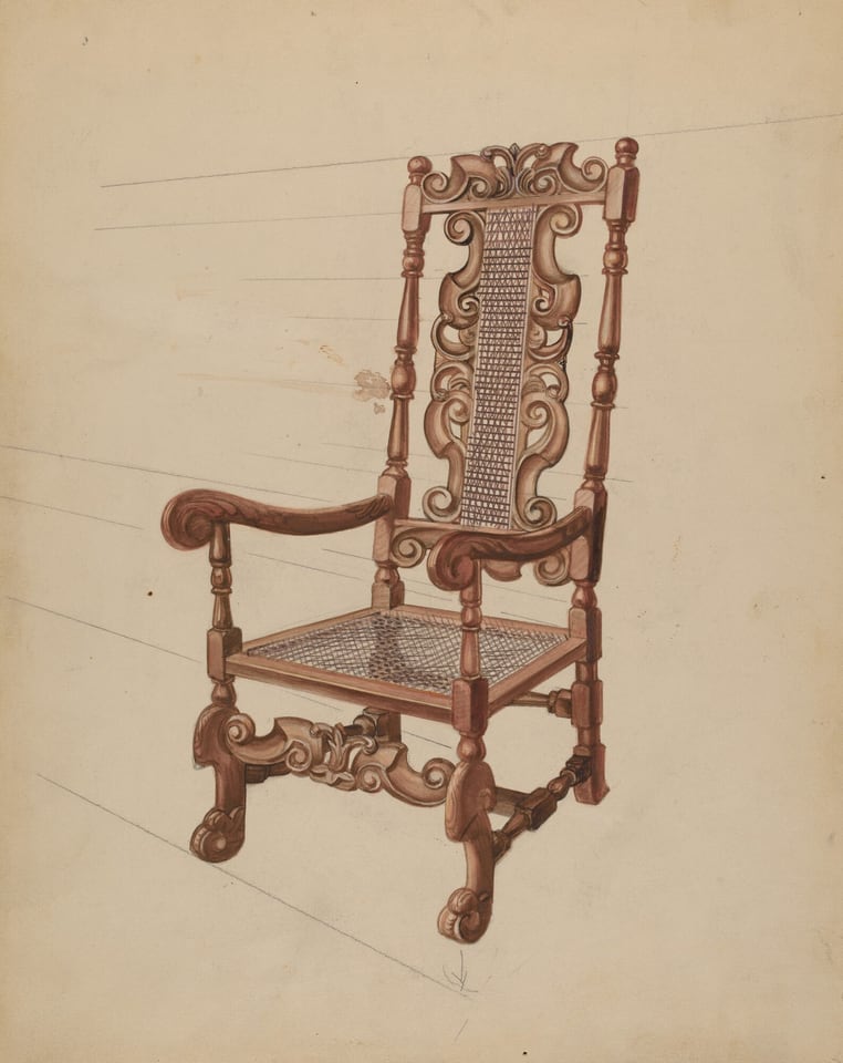 The image shows an ornate chair with a high back, decorative carvings along its arms, legs, and backrest, a woven or cane seat and back, and intricate patterns. The chair is detailed with earthy brown tones and subtle shading accentuating the wood texture and design motifs. It is placed in the center of the image, facing slightly to the left, with linear guides indicating perspective and depth on a plain background.