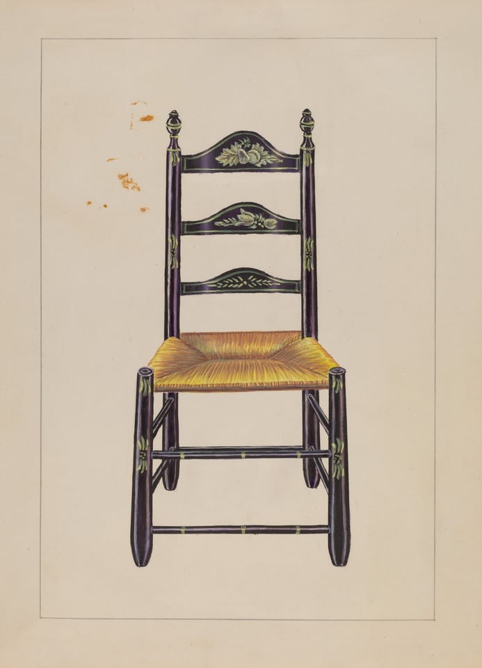 The image shows a wooden chair with a rush seat. It features ornate details on the backrest. The color palette includes dark wood tones, pale greenish detailing, and a warm yellowish hue for the seat. The chair is centrally positioned in the image, viewed from the front, with no other objects around it.