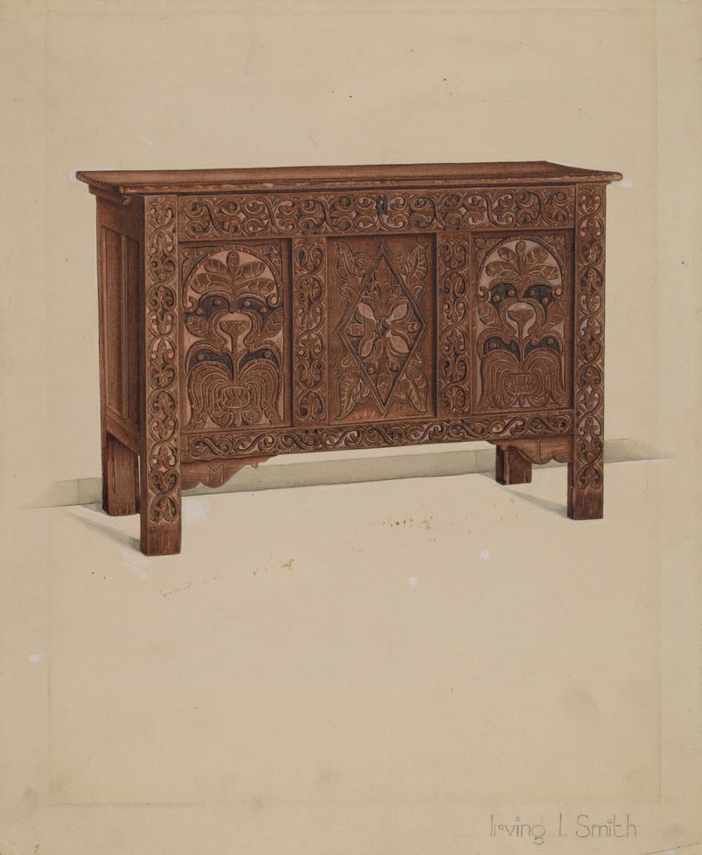 The image shows a large wooden chest with intricate floral patterns on the front panels. The color palette consists of various shades of brown, emphasizing the natural wood tones. The chest is centrally positioned on a plain background with subtle shadows indicating it is slightly elevated.