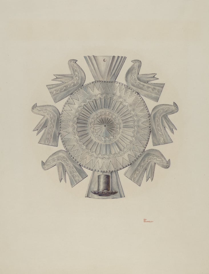 The image shows an abstract composition with circular and linear shapes. In the center is a large, intricately patterned circle with concentric rings, zigzag, and radiating lines. Around it are six identical abstract forms resembling birds or wings, radiating outward. The shapes create a symmetrical pattern reminiscent of a rotating wheel or a sunburst.